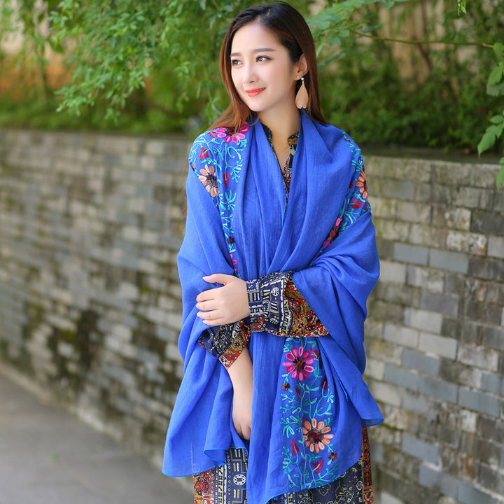 Ethnic Style Embroidered Floral Scarf Shawl Sunscreen Silk Female-Scarves & Wraps-Zishirts