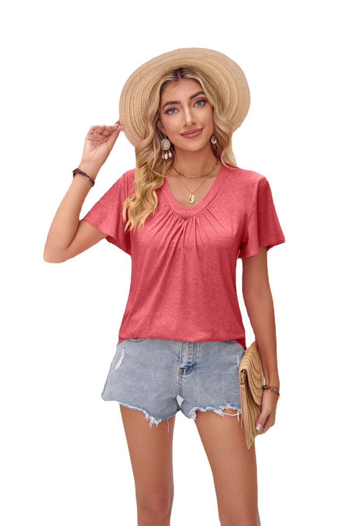 Solid Color Pleating V-neck Ruffled Sleeve Loose Top-Blouses & Shirts-Zishirts