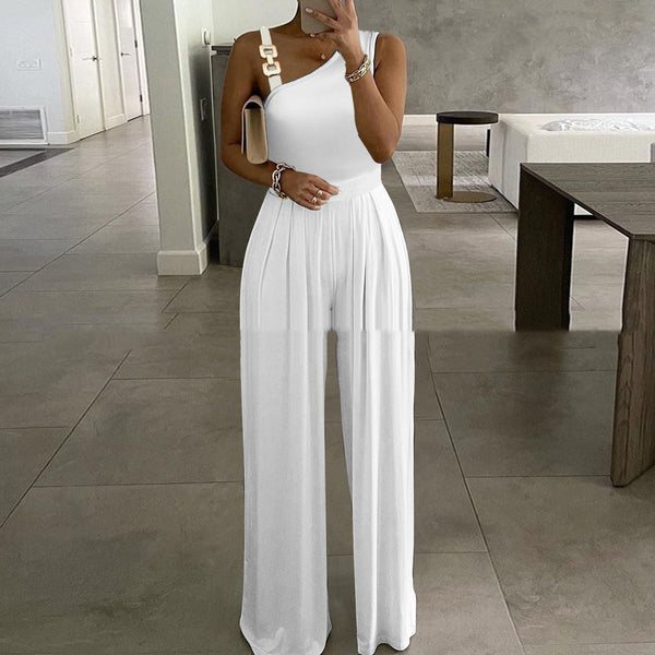 Women's Metal Buckle Vest Top High Waist Wide Leg Jumpsuit-0-Zishirts