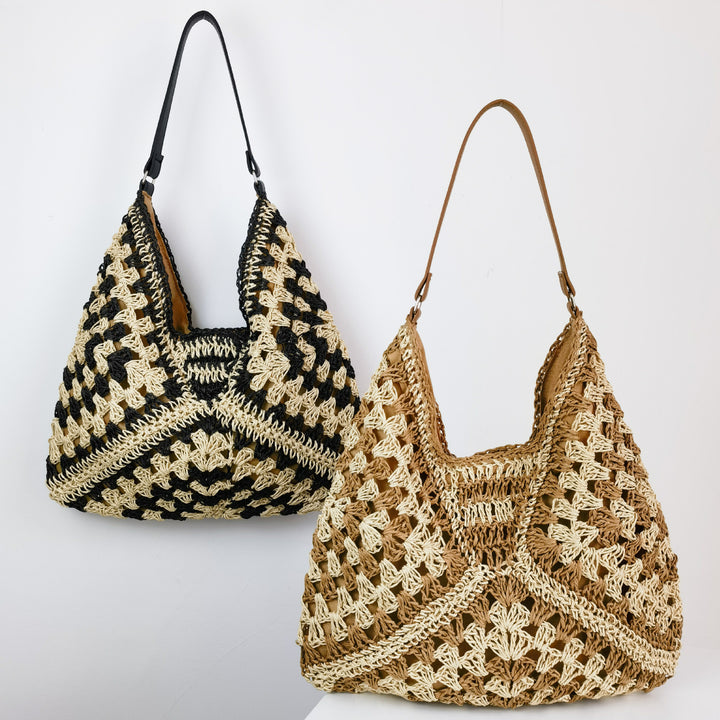 Women's Fashion Handmade Straw Woven Hollow Contrast Color Weave Shoulder Bag-Women's Bags-Zishirts