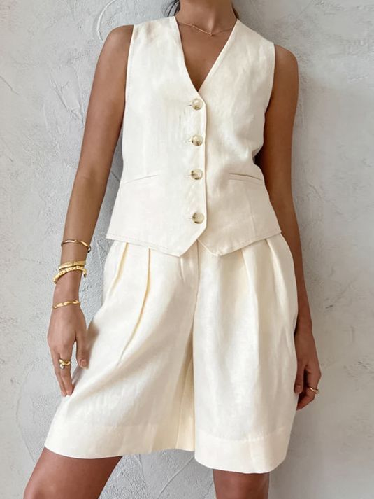 Women's Fashion Casual Cotton Linen Vest Shorts Casual Suit-Suits & Sets-Zishirts