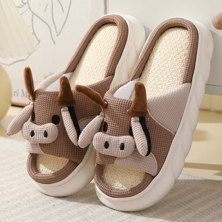 Cute Cartoon Cow Frog Slippers Linen Non-slip Shoes Indoor Garden Home Slippers-Womens Footwear-Zishirts