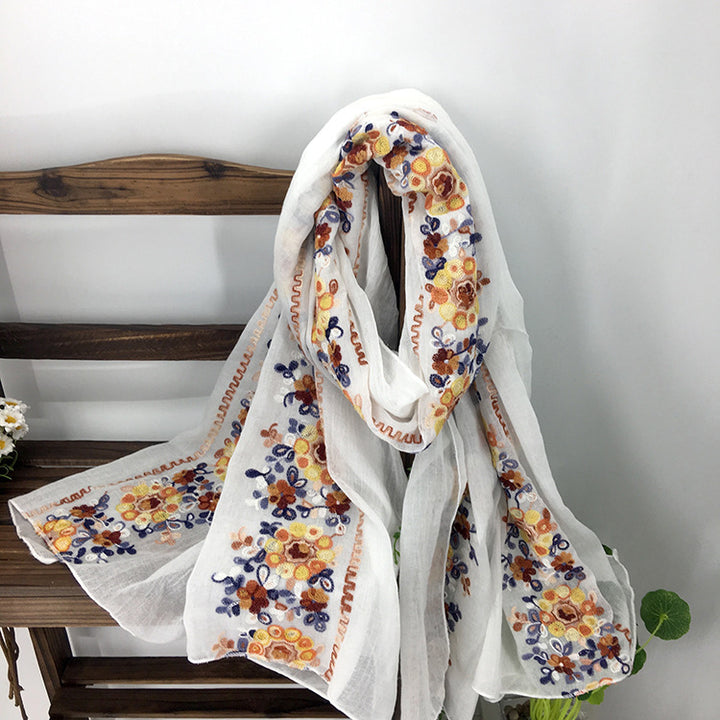 Embroidered Cotton And Linen Scarf Shawl-Scarves & Wraps-Zishirts