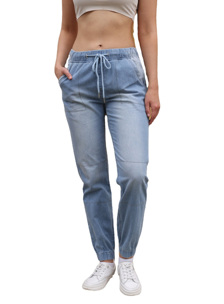 Casual Jeans Light Blue Elastic Waist String Trousers-Woman Jeans-Zishirts