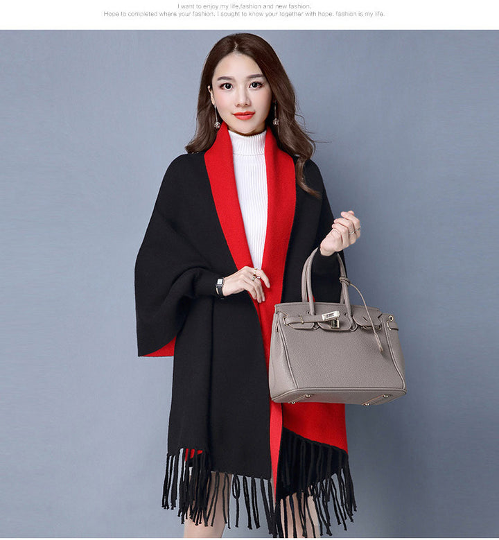 Ladies Shawl Cardigan Tassel Cape Sweater Coat-Scarves & Wraps-Zishirts