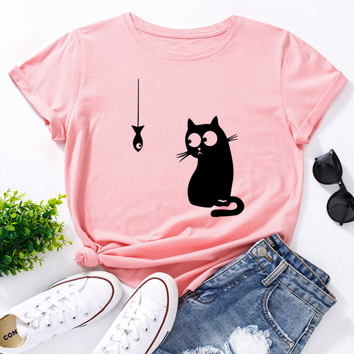 Women's Cute Cat Loose Round Neck Cotton Short Sleeve-Women's Outerwear 2023-Zishirts