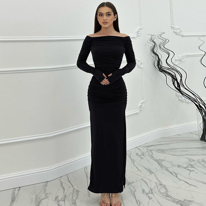 Women's Off-shoulder Off-the-shoulder Collar Tight Pleated Split Dress-Lady Dresses-Zishirts