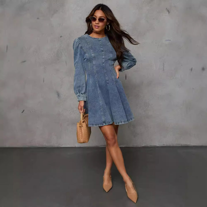 Elegant Patchwork Waist-slimming Women's Denim Long Sleeve Dress-Lady Dresses-Zishirts