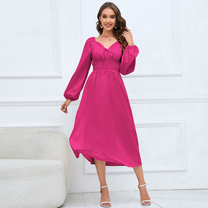 Women's Elegant V-neck Slim-fit Long Sleeve Dress-Lady Dresses-Zishirts