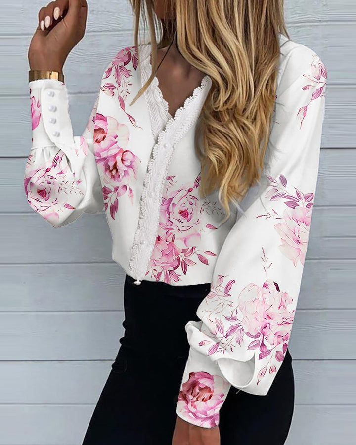 Women's Fashionable Printed Lace Casual Shirt-Blouses & Shirts-Zishirts