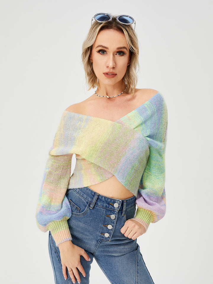 Women's Loose Casual Rainbow Stretch Off Shoulder Sweater-Sweaters-Zishirts