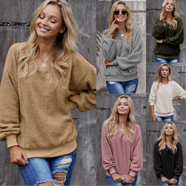 Autumn And Winter New Solid Color Pullover Round Neck Long Sleeves Women's Tops Loose Casual