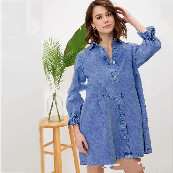 Lantern Sleeve Denim Polo Shirt Jumpsuit Skirt-Lady Dresses-Zishirts