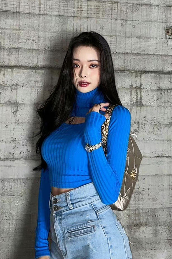 Blue Half-high Collar Bottom Knit Sweater Female-Sweaters-Zishirts