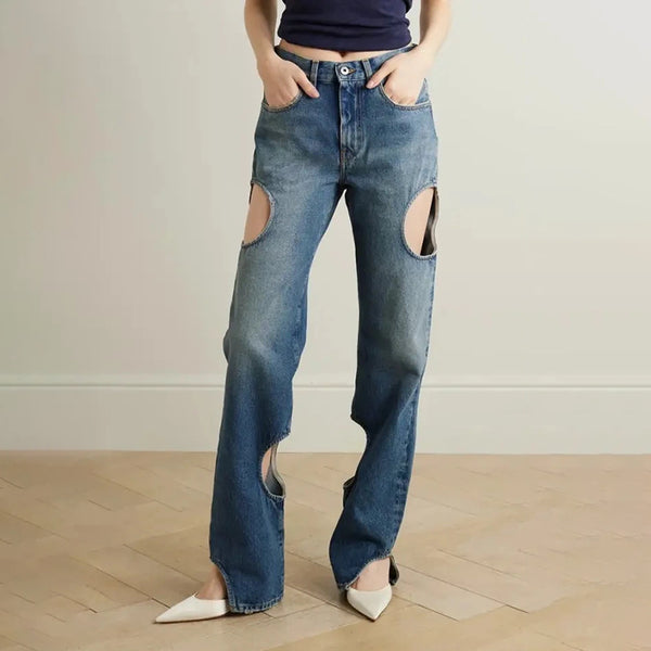 Fashion Casual High-grade Straight-leg Pants High Waist Hollow Design-Woman Jeans-Zishirts