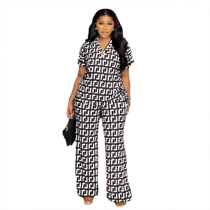 European And American Printed V-neck Pleating Wide Leg Pants Two-piece Set-Suits & Sets-Zishirts