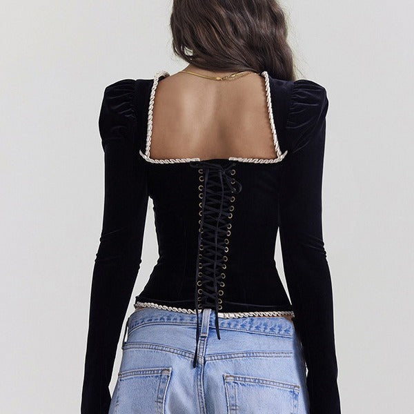 Women's Square Collar Velvet Backless Lace Up T-shirt Top-Women's Outerwear 2023-Zishirts