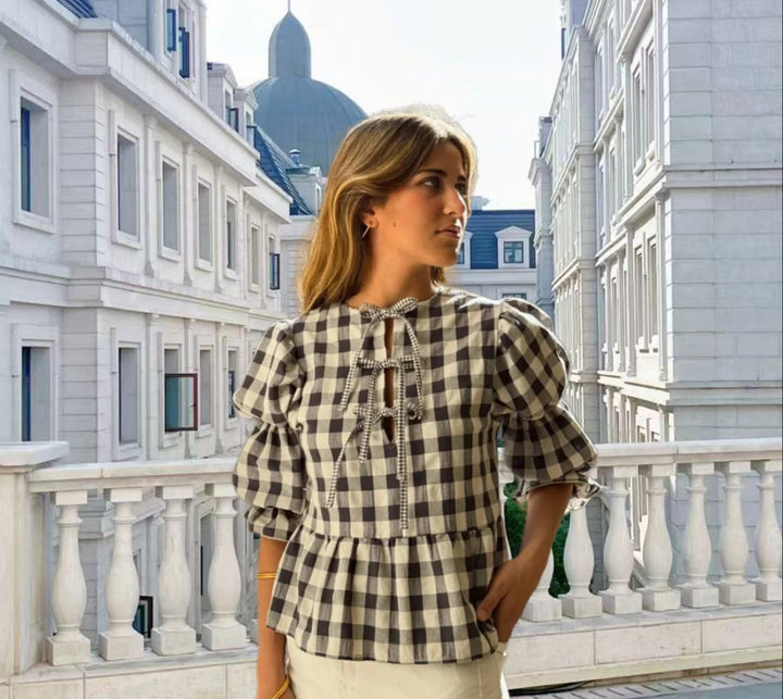 Women's Fashion Casual Plaid Hollow Out Tied Puff Sleeve Shirt-Womens 2024 March-Zishirts