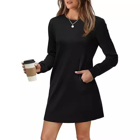 Back Fold Pocket Long Sleeve Sweater Dress-Lady Dresses-Zishirts