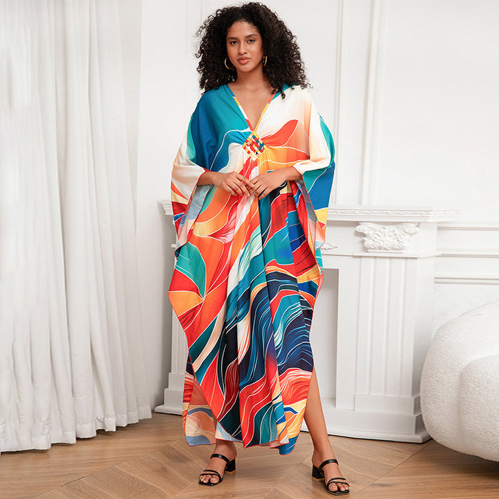 Print Holiday Loose Plus Size Robe Beach Cover-up Dress-Womens 2024 March-Zishirts