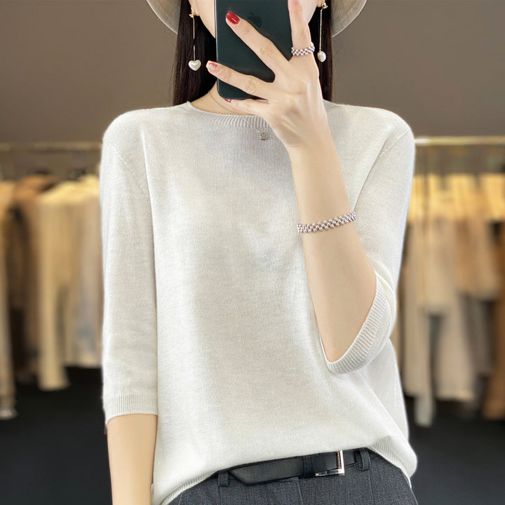 Front Line Ready-made Garments Worsted Sweater Half Sleeve Round Neck Pure Color All-matching Loose T-shirt-Sweaters-Zishirts