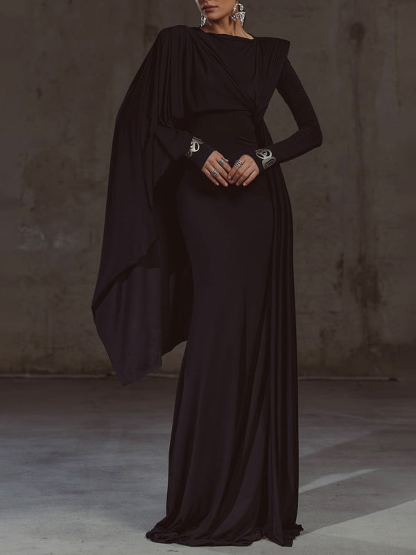 Solid Color Shawl Long Sleeve Maxi Dress-Lady Dresses-Zishirts