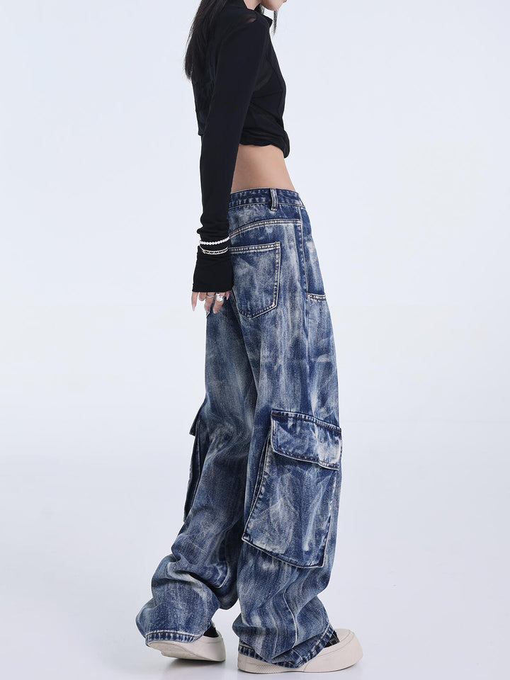 Retro Heavy Industry Washed Tie-dyed Jeans Straight Wide Leg Overalls-Woman Jeans-Zishirts