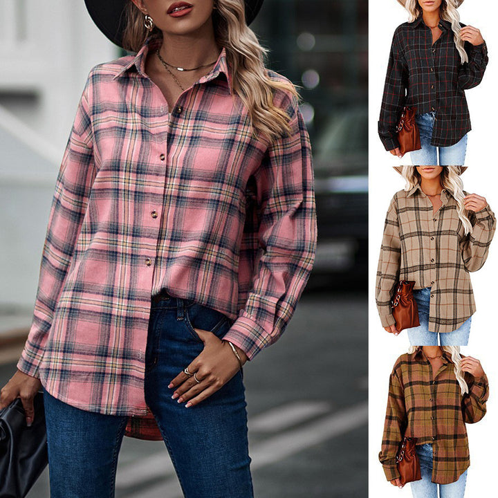 Women's New Casual Loose Boyfriend Plaid Shirt-Blouses & Shirts-Zishirts