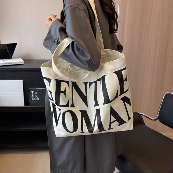 Large Capacity Canvas Bag Women Letter Printed Shoulder Travel Simple Handbags Travel Casual Daily Shopping Bags Totes-Women's Bags-Zishirts