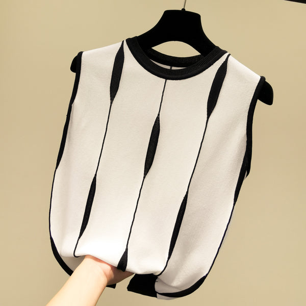 Women's Contrast Color Striped Vest Outer Wear-Sweaters-Zishirts