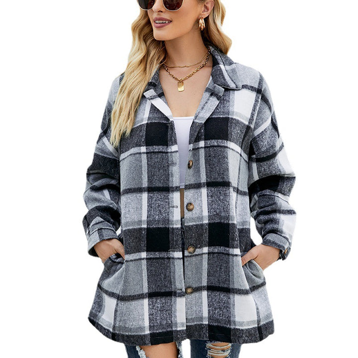 Women's Long-sleeved Plaid Shirt Mid-length Woolen Coat-Blouses & Shirts-Zishirts