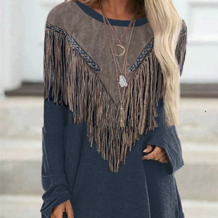 Color Matching Tassel Round Neck Long Sleeve Top-Women's Outerwear 2023-Zishirts