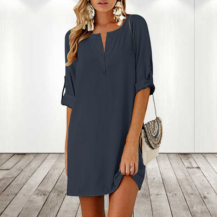 Cotton And Linen Loose 34 Sleeve Mid-length Dress-Women's Outerwear 2023-Zishirts