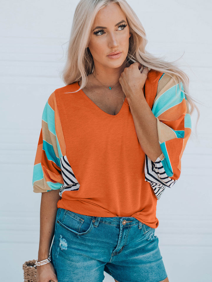 V-neck Pullover Contrast Stitching Short Sleeves Top-Blouses & Shirts-Zishirts