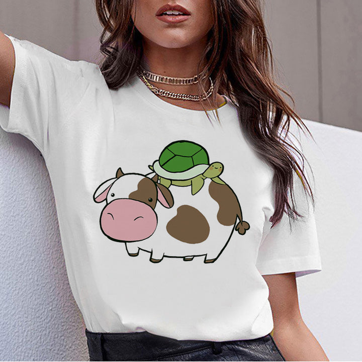 T-shirt Animal Cute Pattern Round Neck White Short-sleeve Top-Women's Outerwear 2023-Zishirts