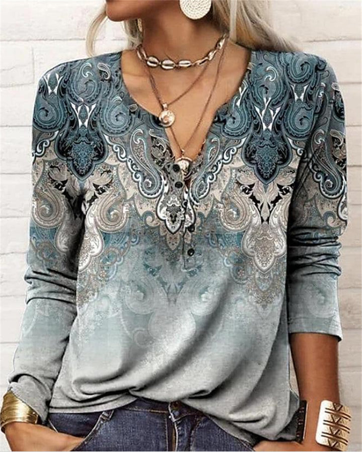 Women's Casual Ethnic Style V-neck Long-sleeved T-shirt-Womens 2024 March-Zishirts