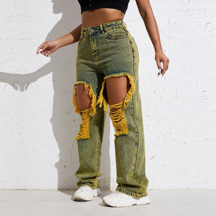 Shascullfites Melody Yellow Wash Streetwear Split Loose Straight Jeans Y2K Ripped Retro Women Denim Pants-Woman Jeans-Zishirts