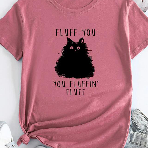 Female Pattern Fluffy Cat Short Sleeve-Blouses & Shirts-Zishirts