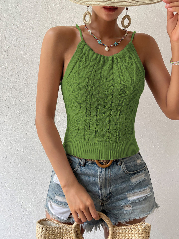 Polyester Backless Hemp Pattern Lace-up Halterneck Sling Top For Women-Blouses & Shirts-Zishirts