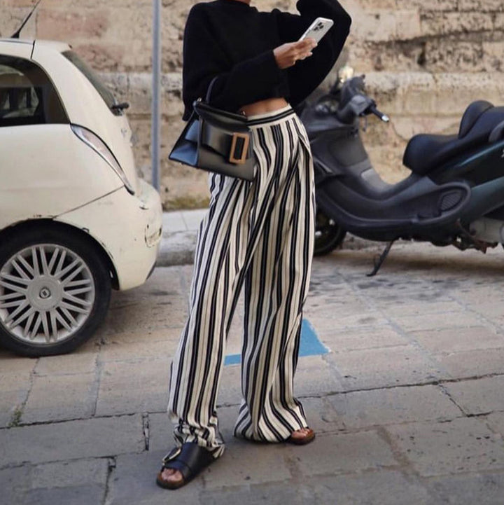 Women's Fashion Casual Black And White Striped Wide-leg Pants-Suits & Sets-Zishirts