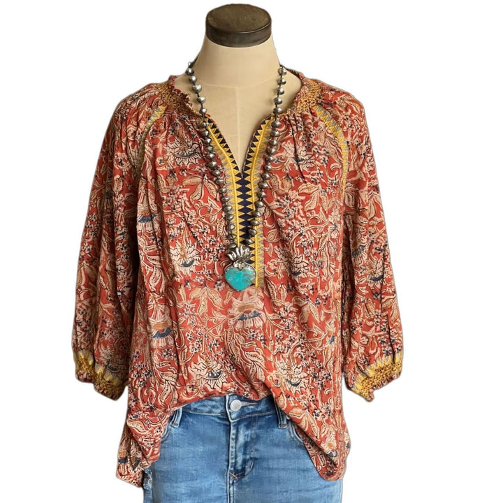 Women's Bohemian Print Flare Sleeve Shirt-Womens 2024 March-Zishirts