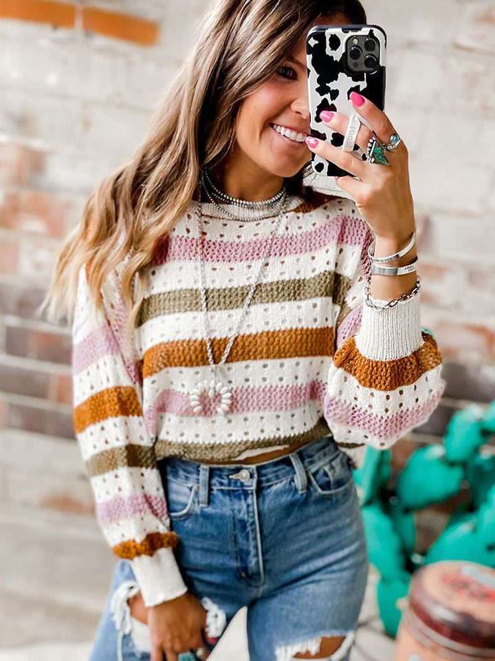 Leisure Personality Stitching Striped Round Neck Sweater-Sweaters-Zishirts