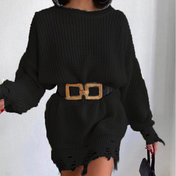 Solid Color Round Neck Long Sleeve Burrs Loose Knitted Pullover-Women's Outerwear 2023-Zishirts