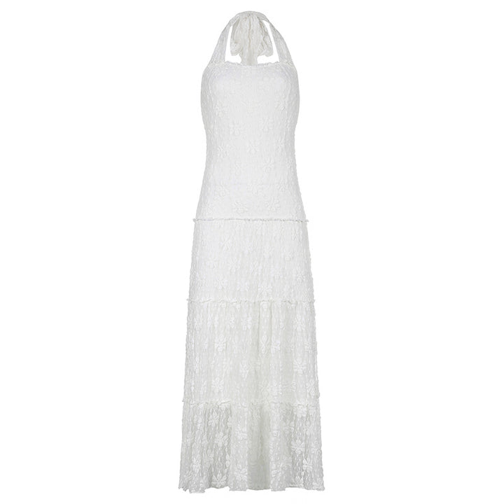 Temperament Pure Color Lace Stitching Sleeveless Halter Backless Lace-up Dress-Lady Dresses-Zishirts