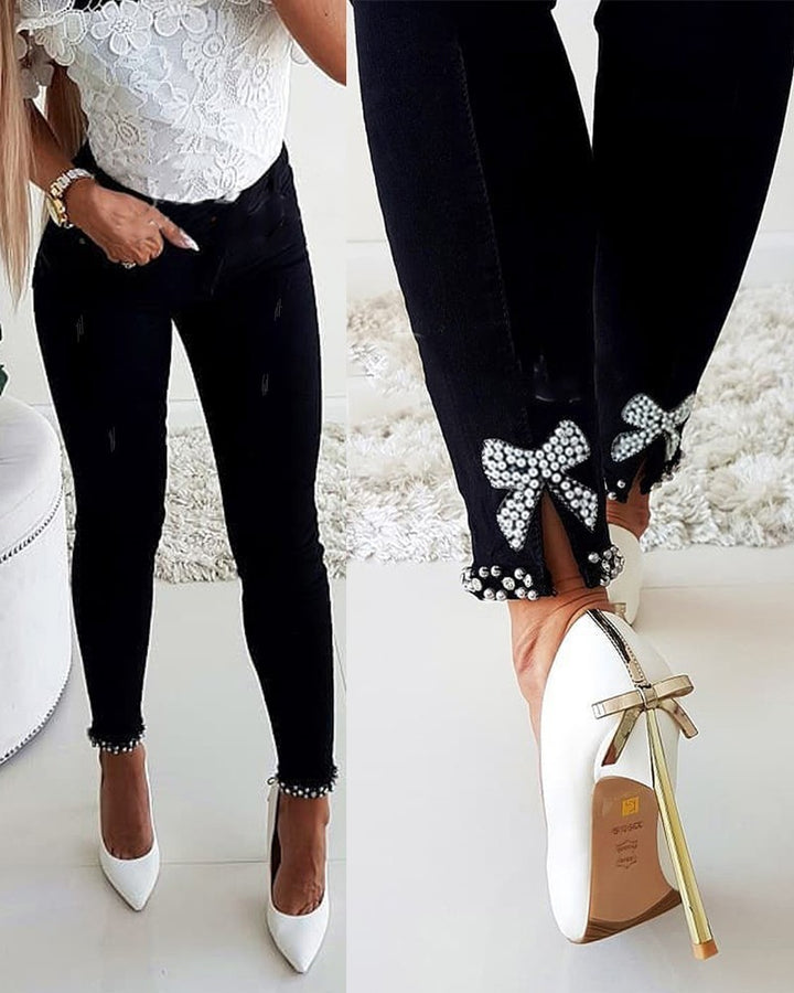 Slim Jeans Women Butterfly Sticky Flower Beaded Split Trousers-Woman Jeans-Zishirts