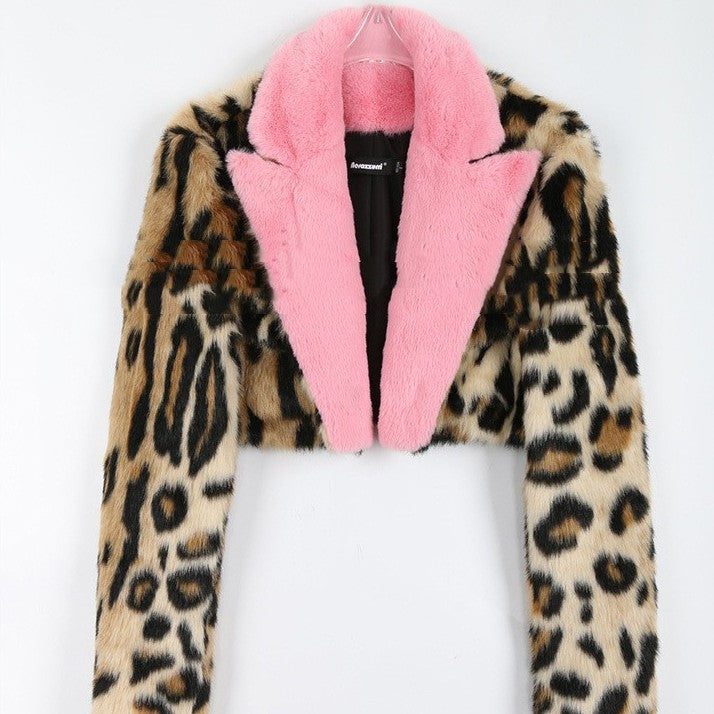 Leopard Print Faux Fur Coat Women's Clothing-Jackets-Zishirts