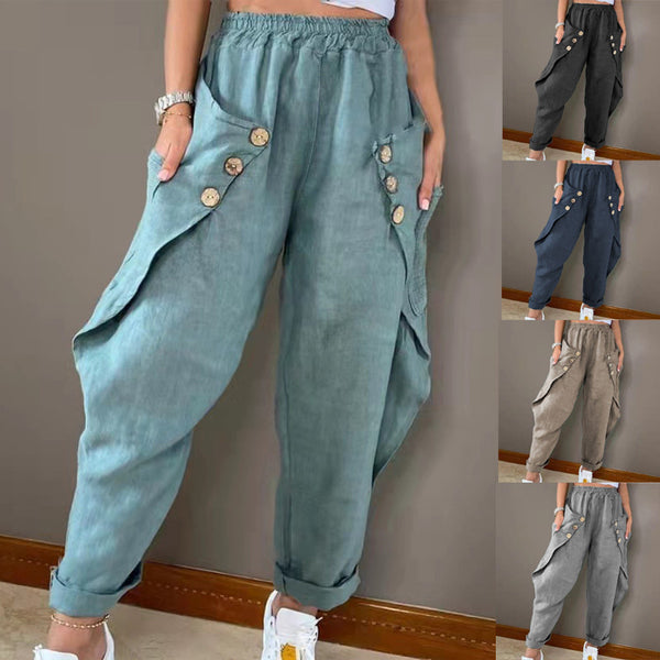 Casual Pocket Button Waist Trimming Casual Trousers-Suits & Sets-Zishirts