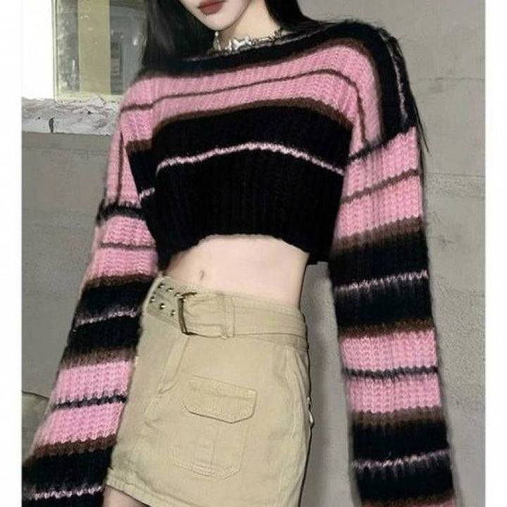 Sweet Cool Style Contrast Color Striped Sweater Short-Sweaters-Zishirts