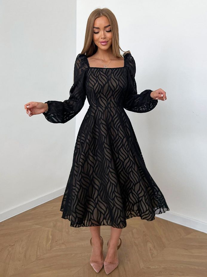 Women's Graceful And Fashionable Hollow-out Micro-transparent Jacquard High Waist Long Sleeves Dress-Lady Dresses-Zishirts