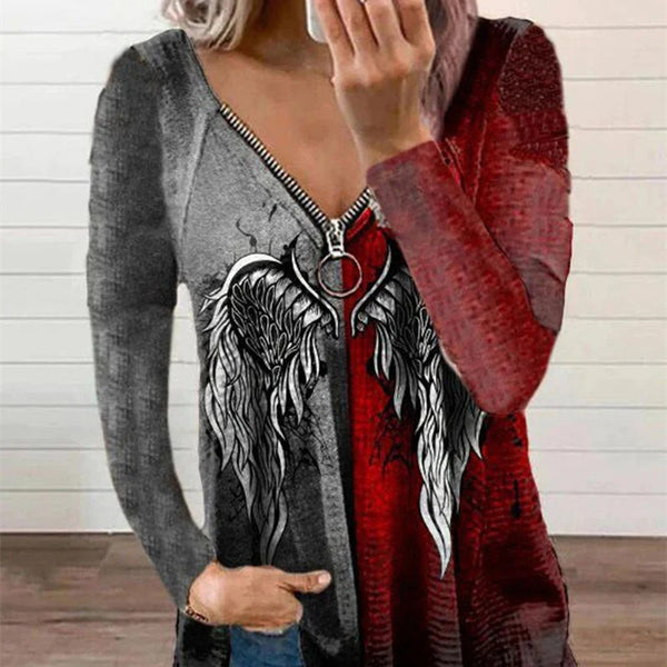 Women's Casual Fashion V-neck Pull Printed Long-sleeved Top T-shirt-Blouses & Shirts-Zishirts